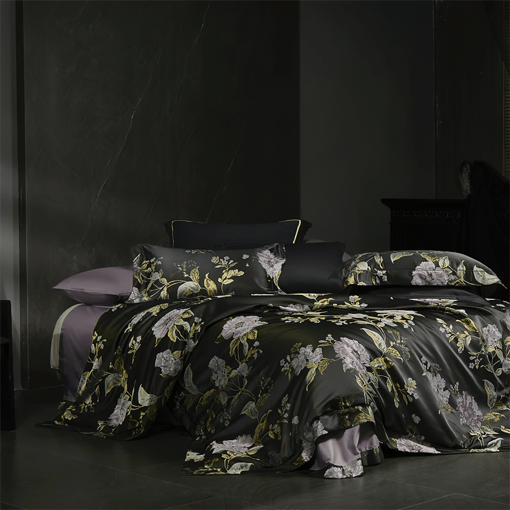Black Floral Cotton Satin Bedding Set with Peonies showcasing elegant peony print on luxurious black satin fabric.