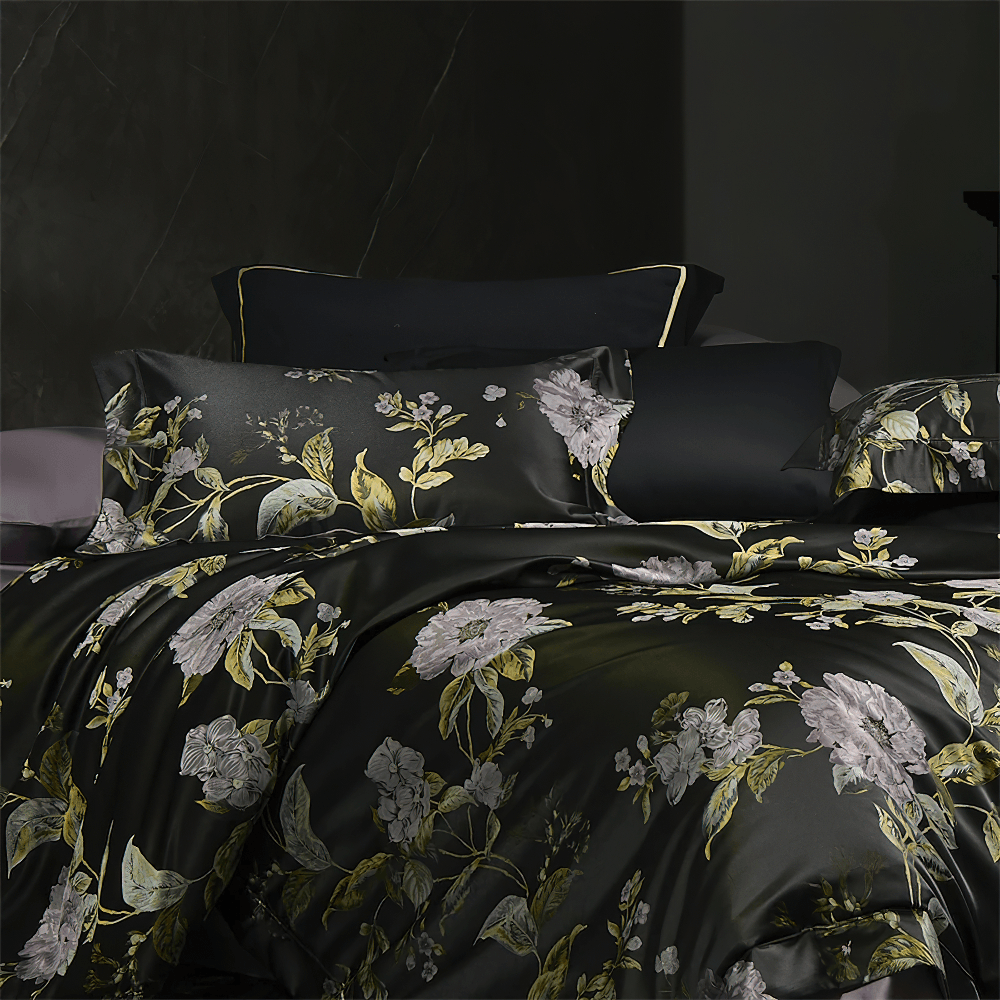 Black Floral Cotton Satin Bedding Set with Peonies on a luxurious bed with elegant floral patterns and satin finish.