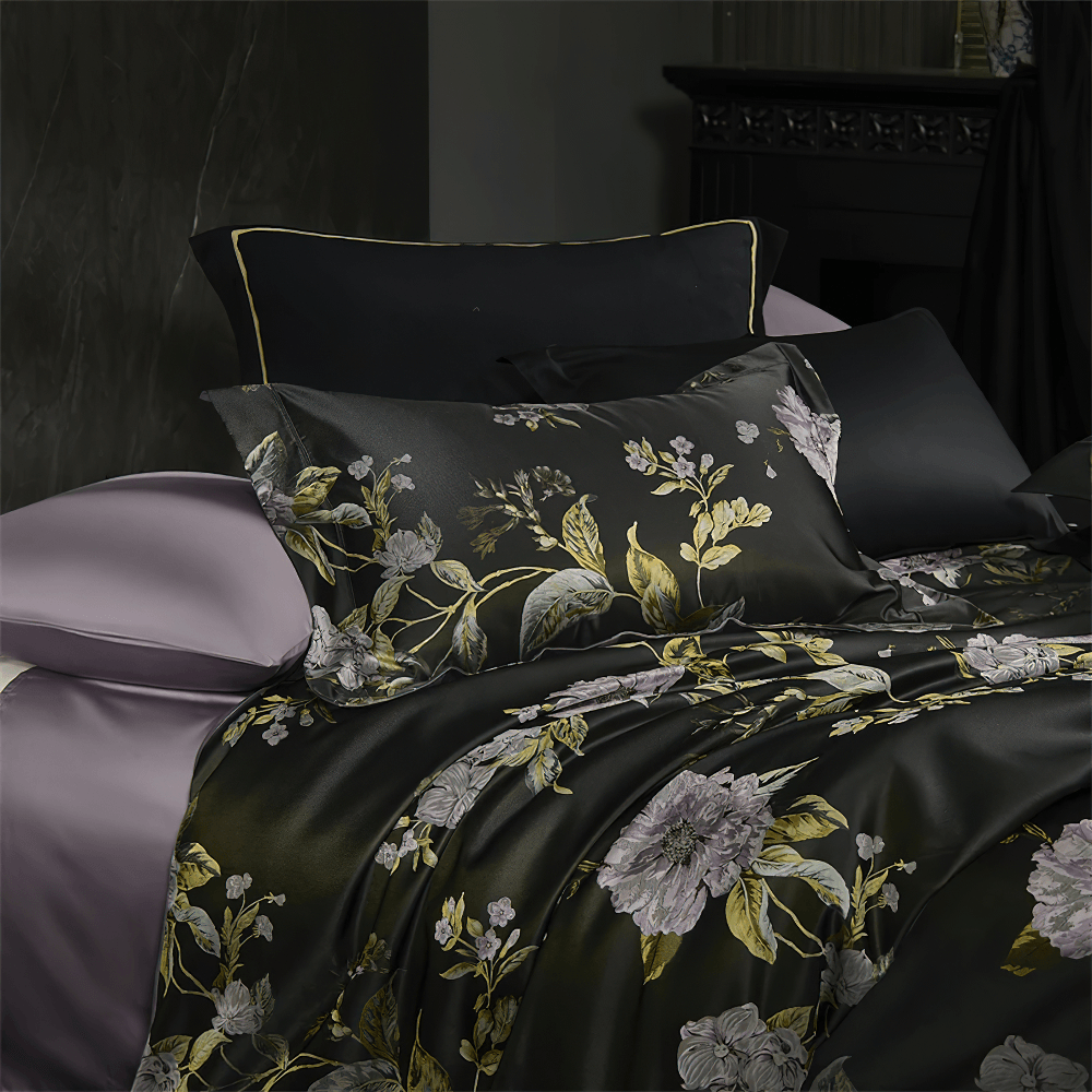 Black Floral Cotton Satin Bedding Set with Peonies showcasing elegant peony prints and luxurious satin finish.