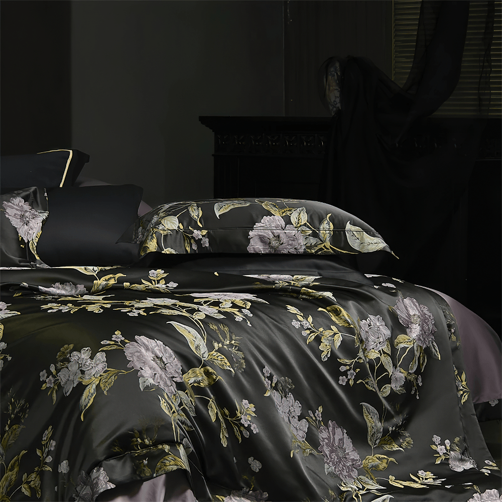 Black Floral Cotton Satin Bedding Set with Peonies displayed on a luxurious bed with vibrant floral patterns.