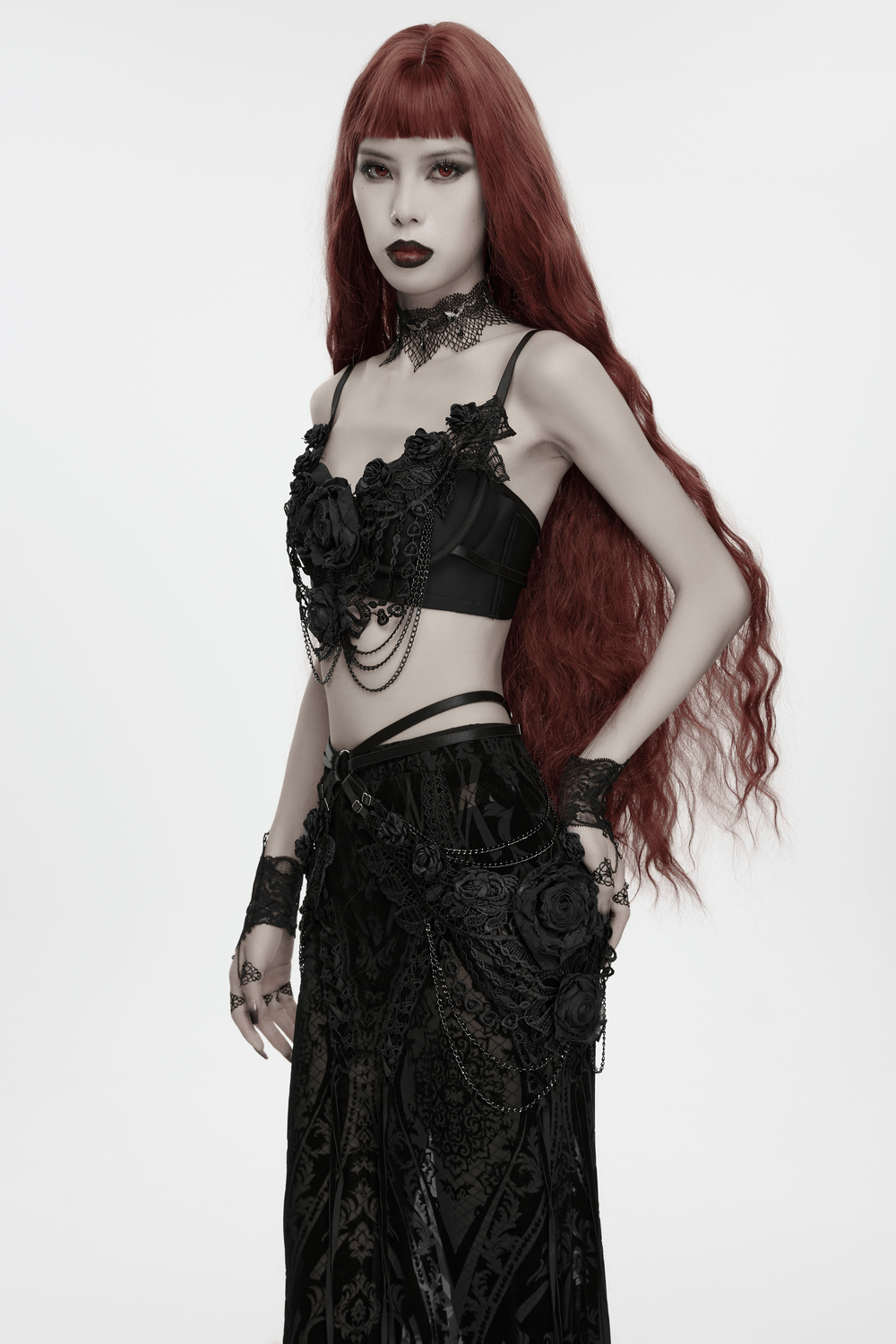 Black Floral Lace Chain Harness for Gothic Outfits worn by model, showcasing intricate lace and rose details.