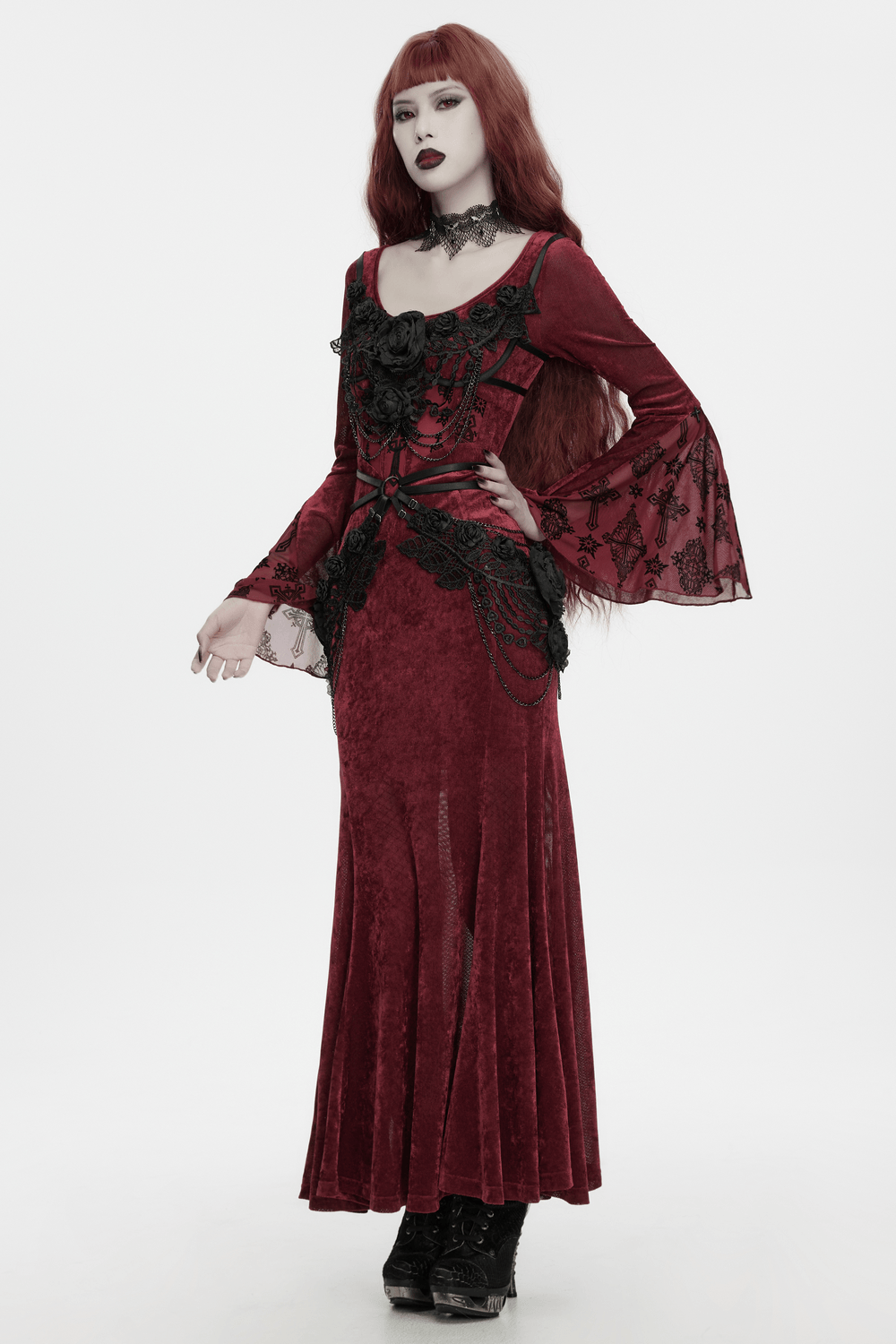 Black Floral Lace Chain Harness for Gothic Outfits styled with a deep red velvet gown and gothic accessories.