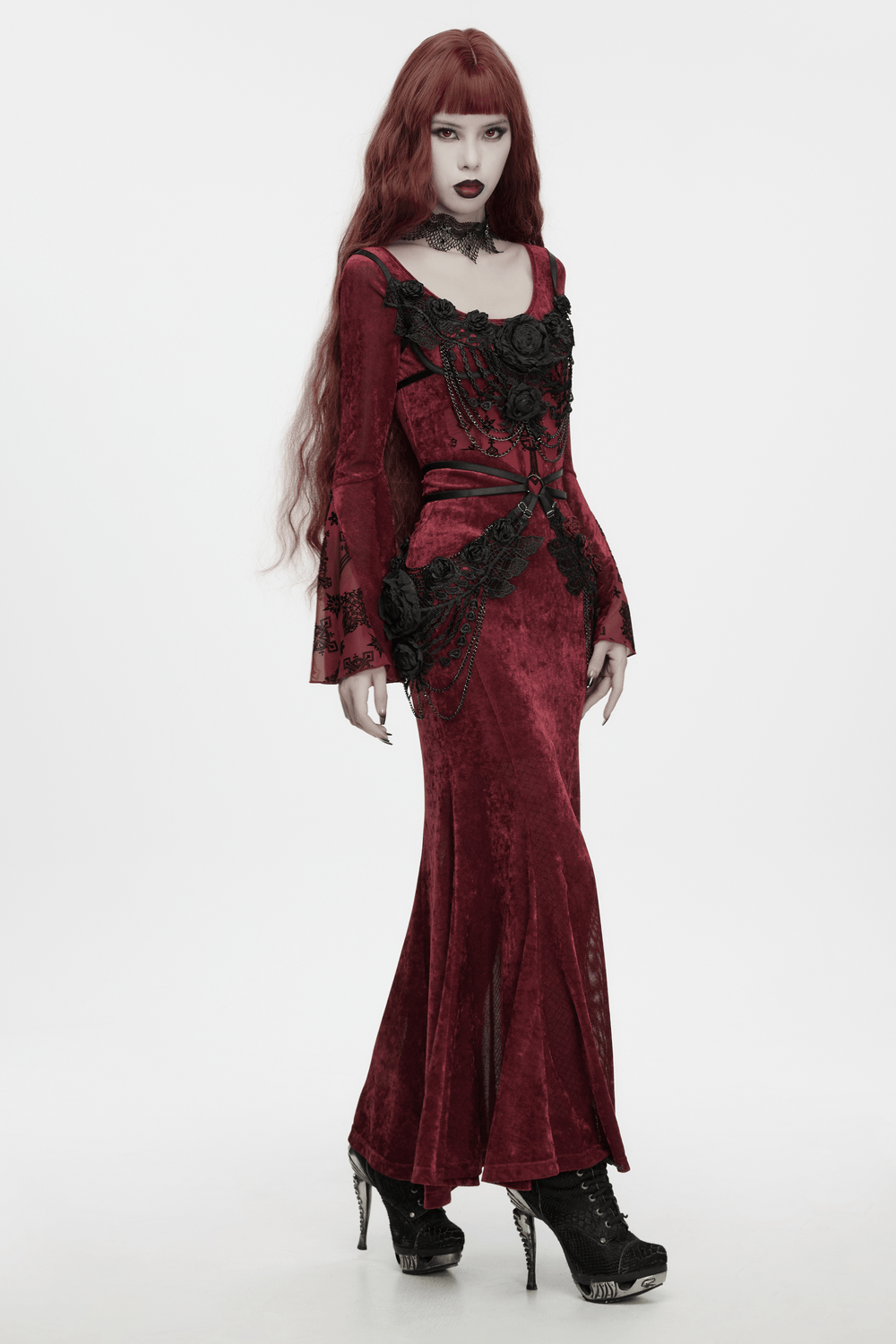 Black Floral Lace Chain Harness for Gothic Outfits worn with a striking red gothic dress and dramatic accessories.