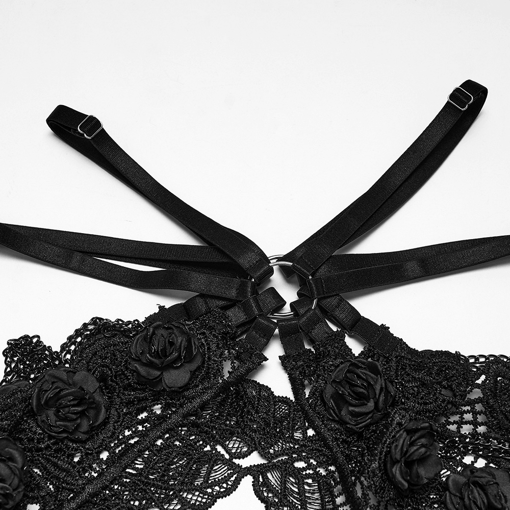 Black Floral Lace Chain Harness for Gothic Outfits featuring lace, rose details, and adjustable straps.