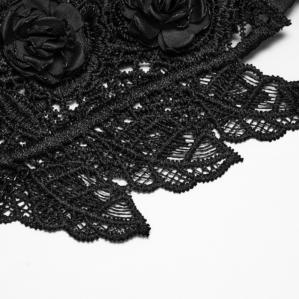 Black Floral Lace Chain Harness for Gothic Outfits featuring intricate lace and rose details.