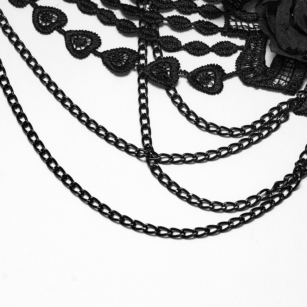 Black Floral Lace Chain Harness for Gothic Outfits featuring intricate lace and flowing black chains.