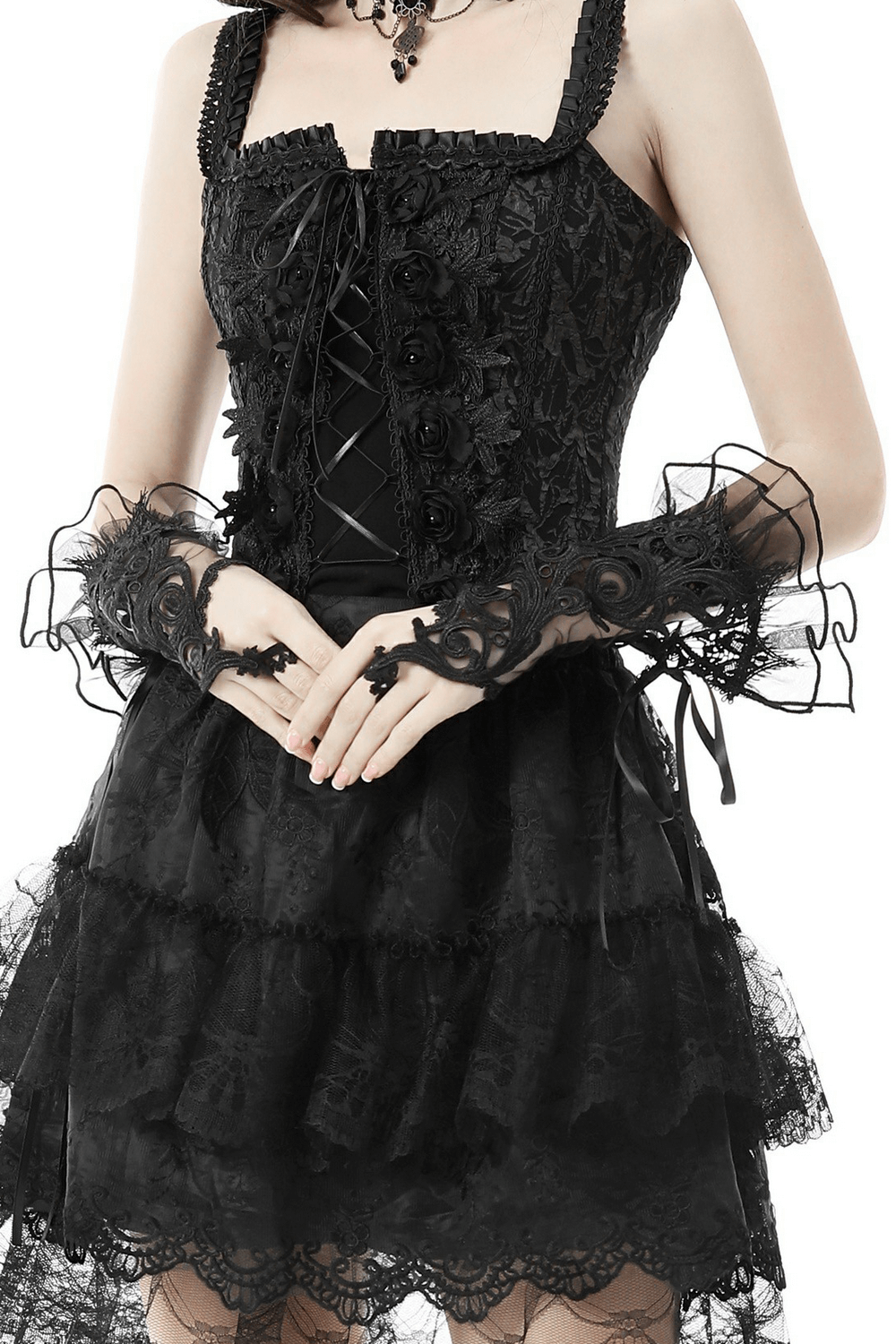 Black Floral Lace Fingerless Gloves for Evening Events
