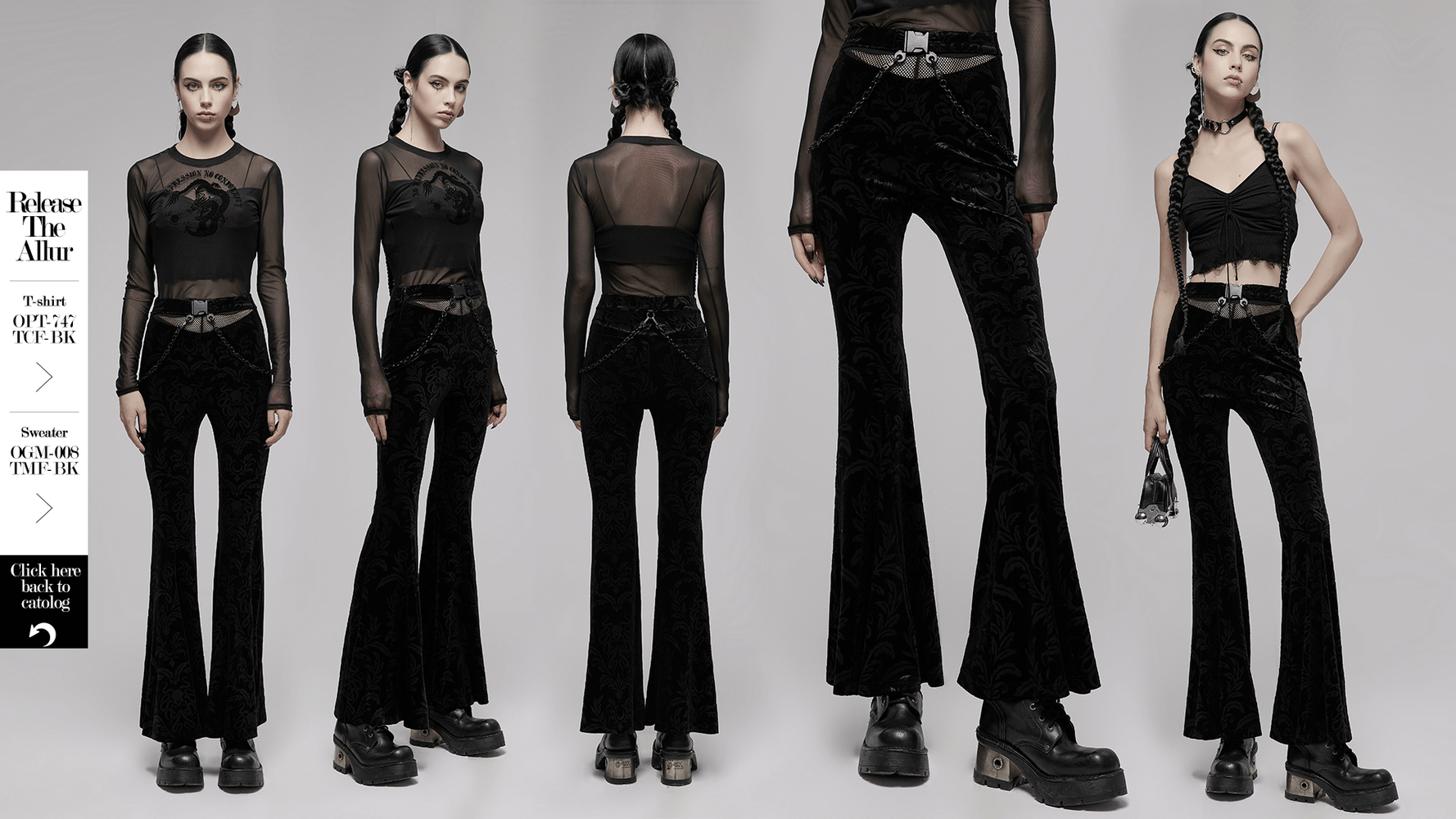 Gothic black floral velvet flared pants with chains and mesh waist, styled for a bold fashion statement.
