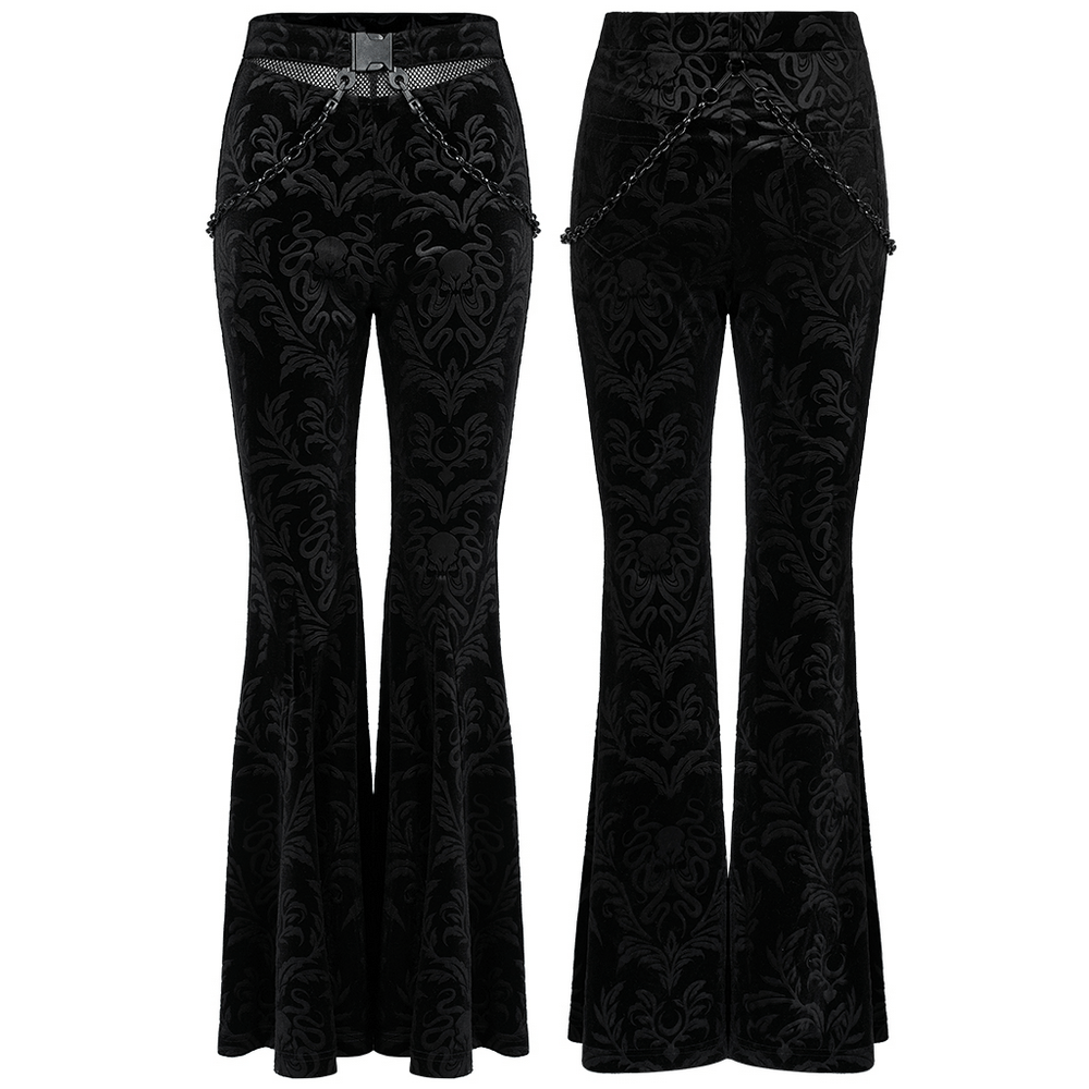 Black floral velvet flared pants with chains and mesh waist, perfect for adding a gothic touch to any outfit.