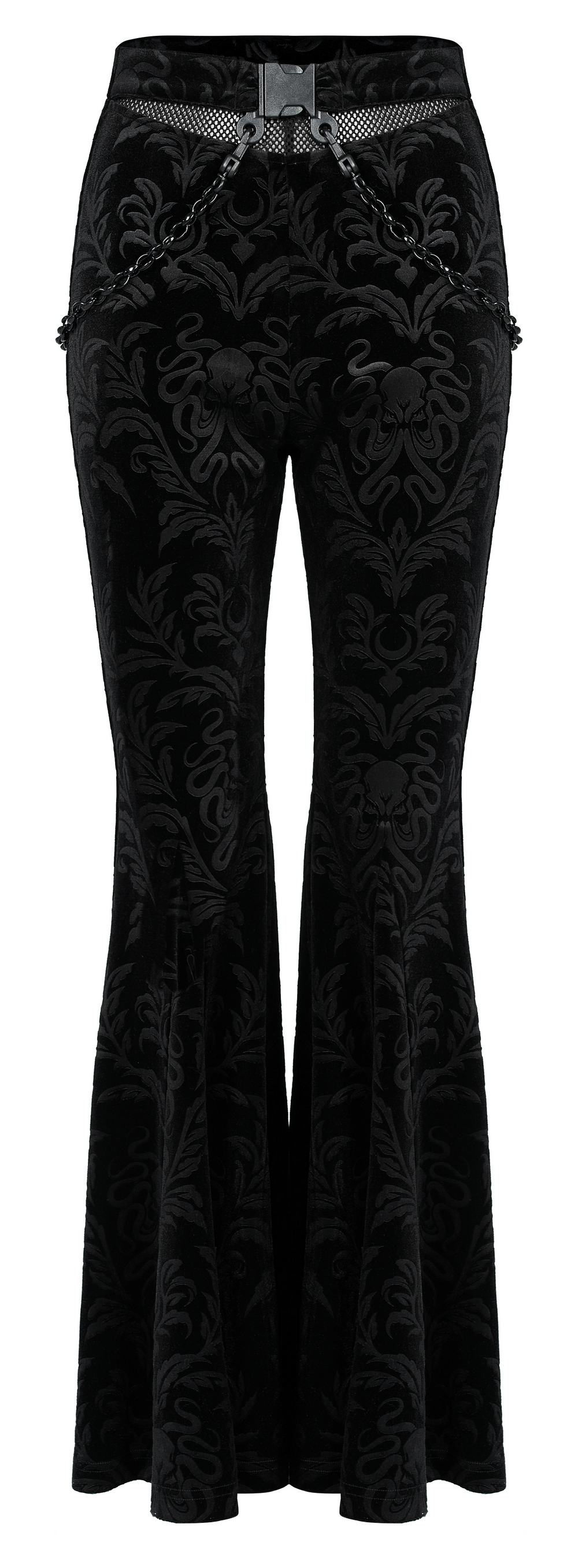 Pantalón acampanado de terciopelo floral negro con cadenas y cintura de malla