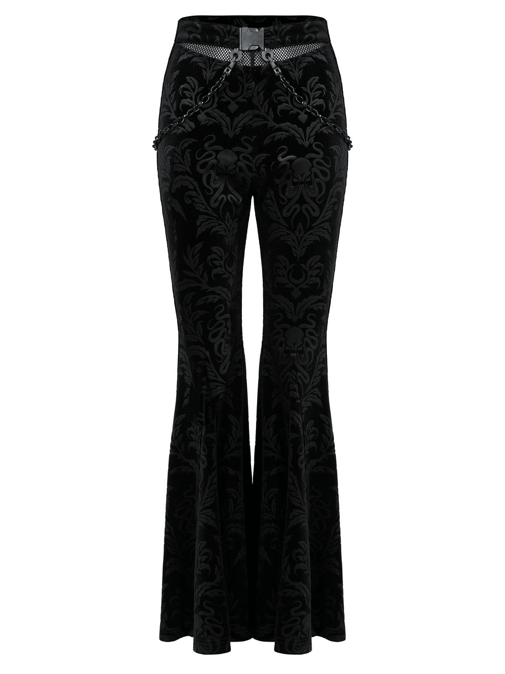 Gothic black floral velvet flared pants with chains and mesh waist for a dramatic flair.