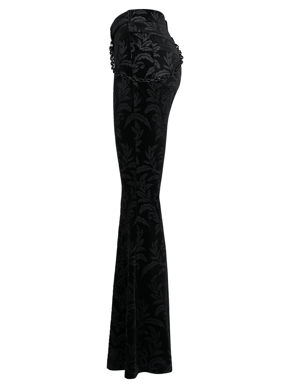 Black floral velvet flared pants with chains, showcasing a gothic aesthetic and fitted silhouette.