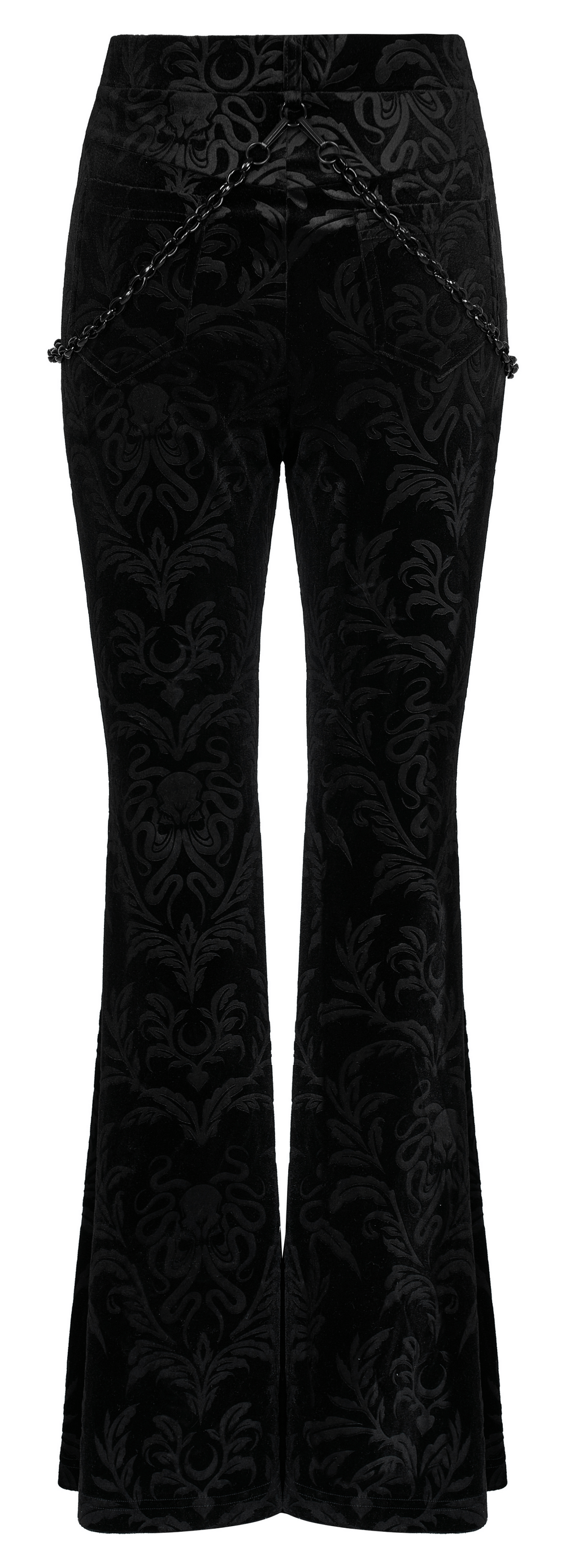 Pantalón acampanado de terciopelo floral negro con cadenas y cintura de malla