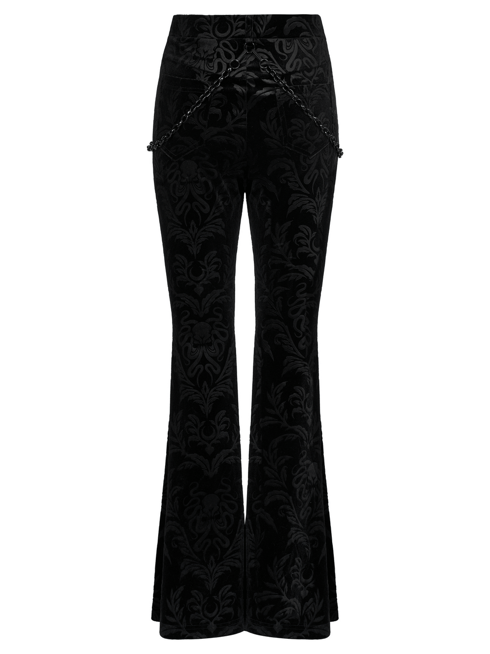Black floral velvet flared pants with chains and mesh waist, perfect for a gothic chic look.