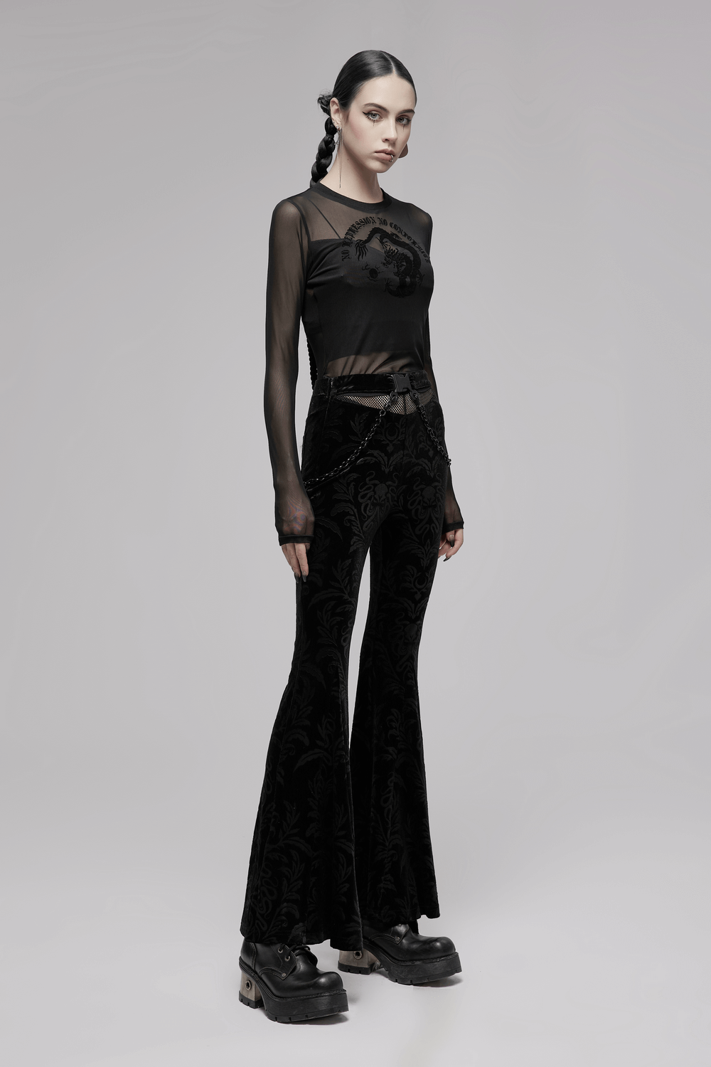 Black Floral Velvet Flared Pants with Chains and Mesh Waist