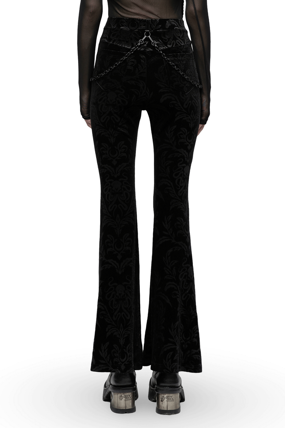 Pantalon évasé en velours fleuri noir avec chaînes et taille en maille
