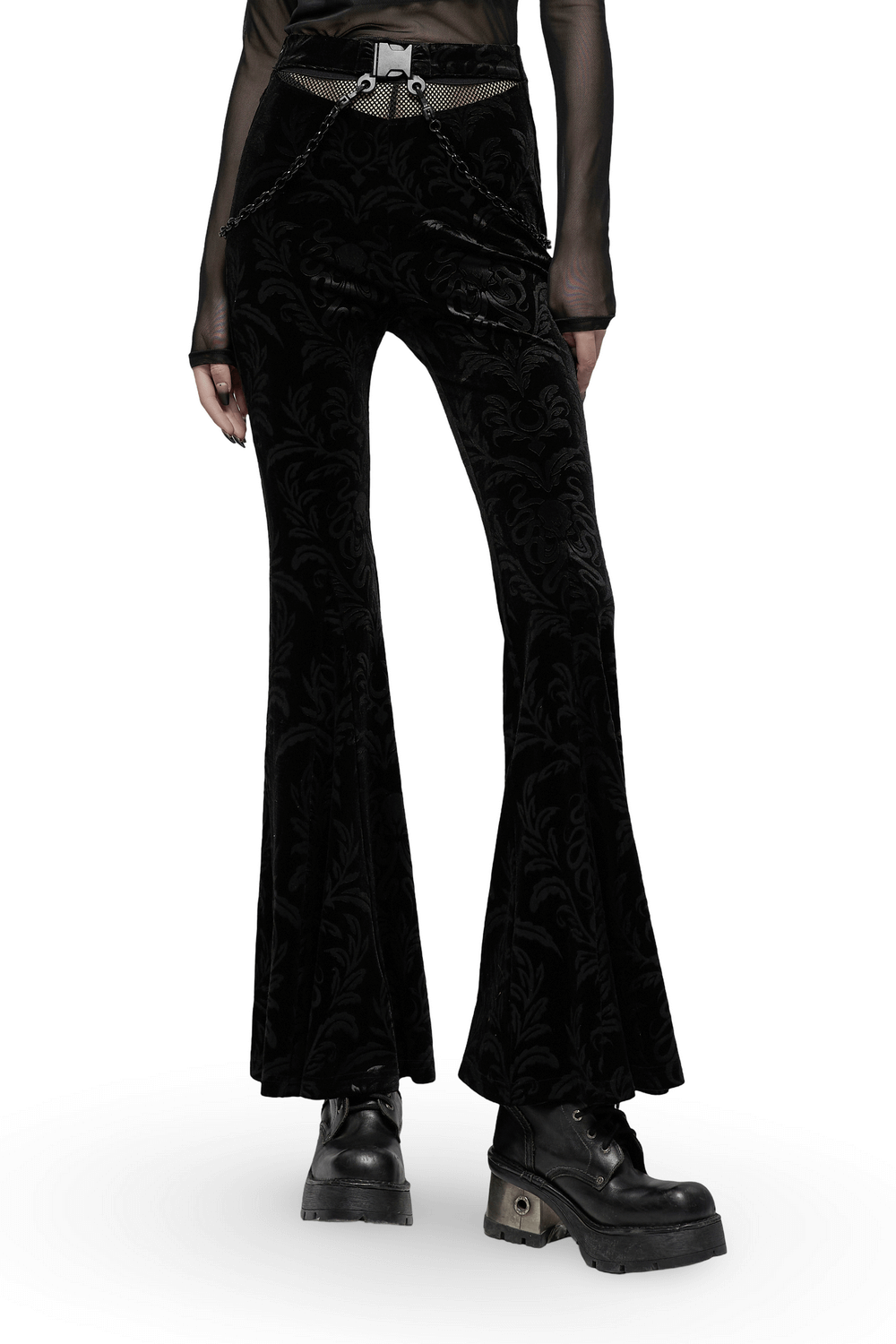 Black floral velvet flared pants with chains, showcasing a gothic style and dramatic bell-bottom design.