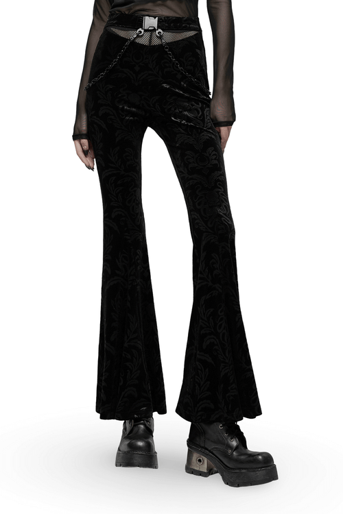 Pantalon évasé en velours fleuri noir avec chaînes et taille en maille