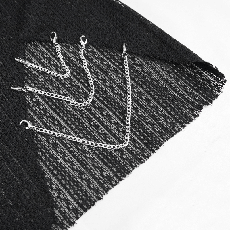 Close-up of an edgy black sweater showcasing chains and an irregular hem design, perfect for a punk style.