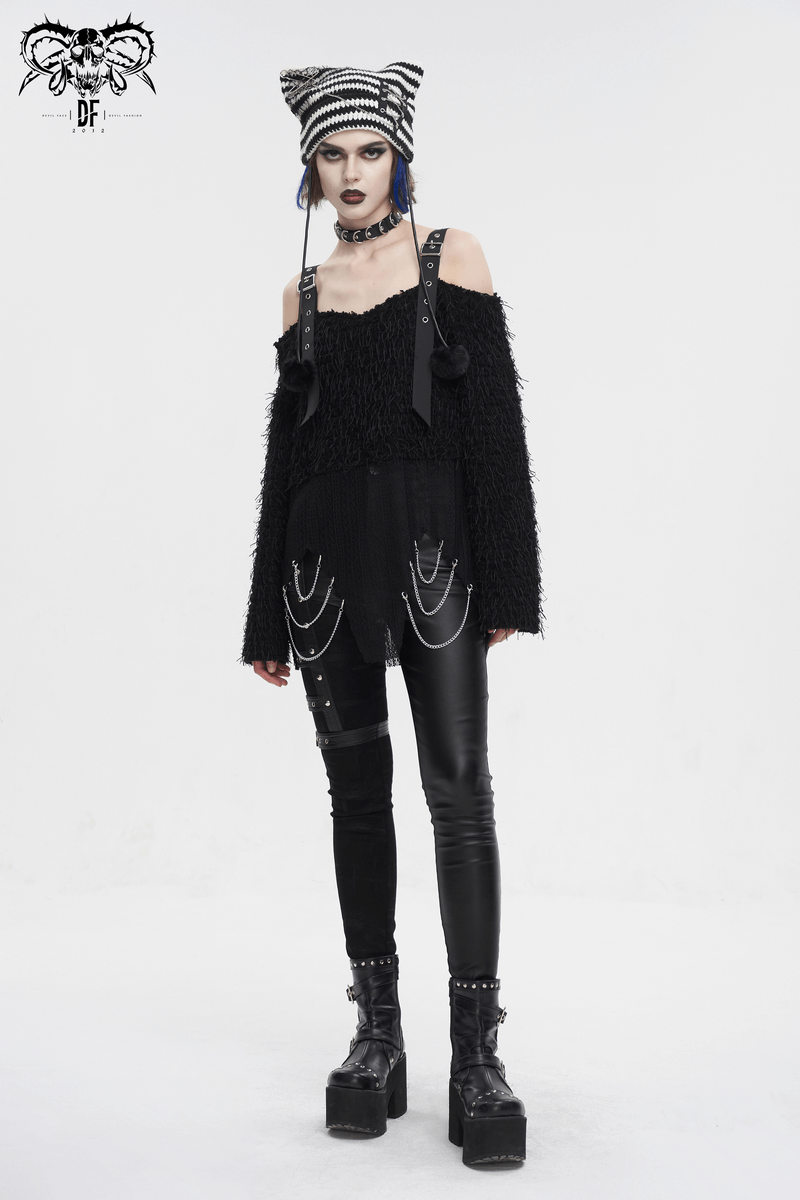 Black fluffy off-shoulder irregular sweater styled with edgy accessories for women, perfect for punk fashion.