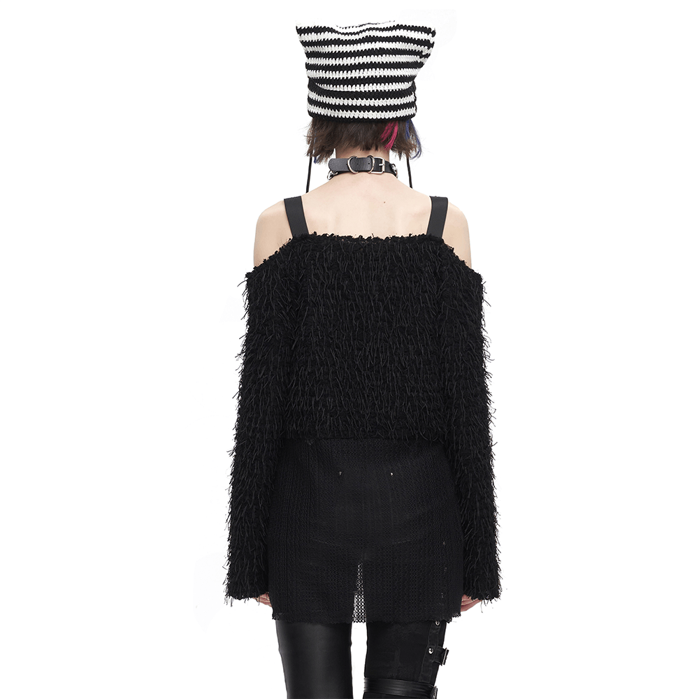 Women’s black fluffy off-shoulder irregular sweater, punk style, showcasing edgy design and individual flair.