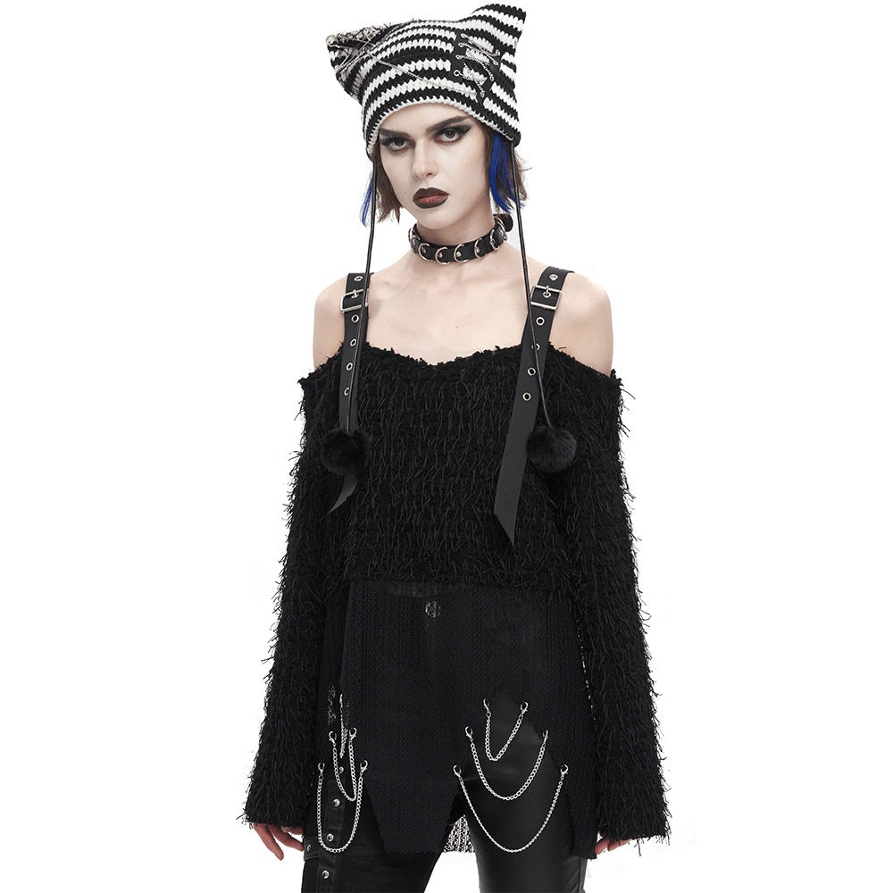 Edgy black off-shoulder fluffy sweater featuring punk style, perfect for bold fashionistas.