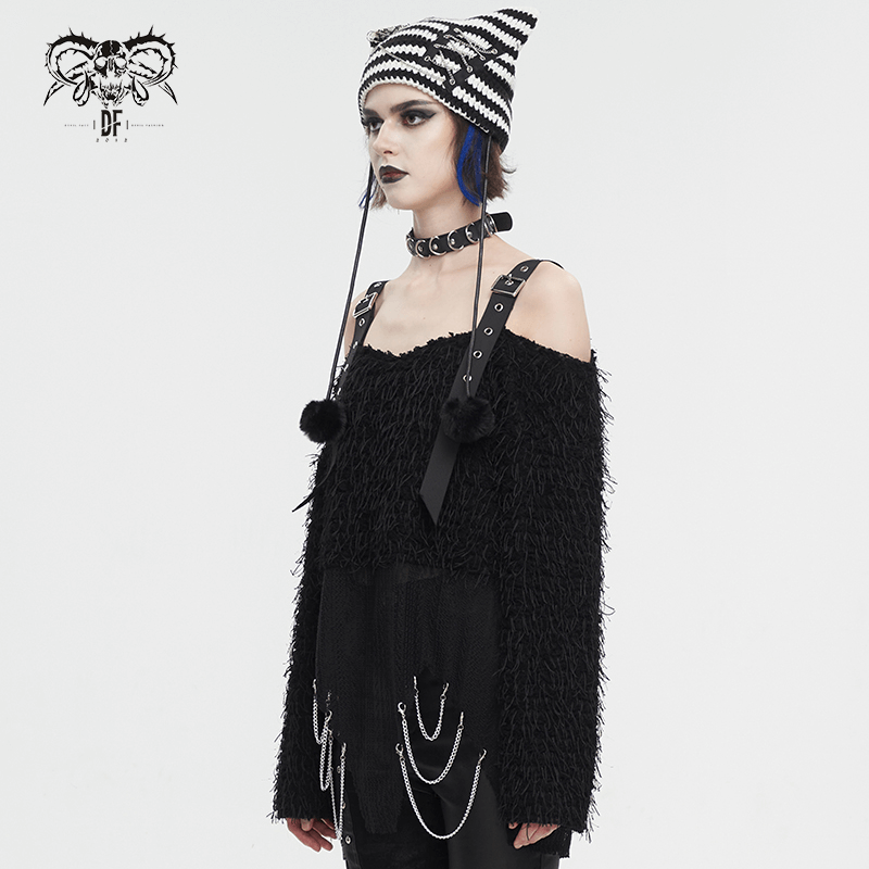 Black fluffy off-shoulder irregular sweater for women, showcasing edgy punk style and unique design.