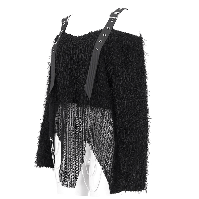 Black fluffy off-shoulder irregular sweater with edgy straps and chain details for women.