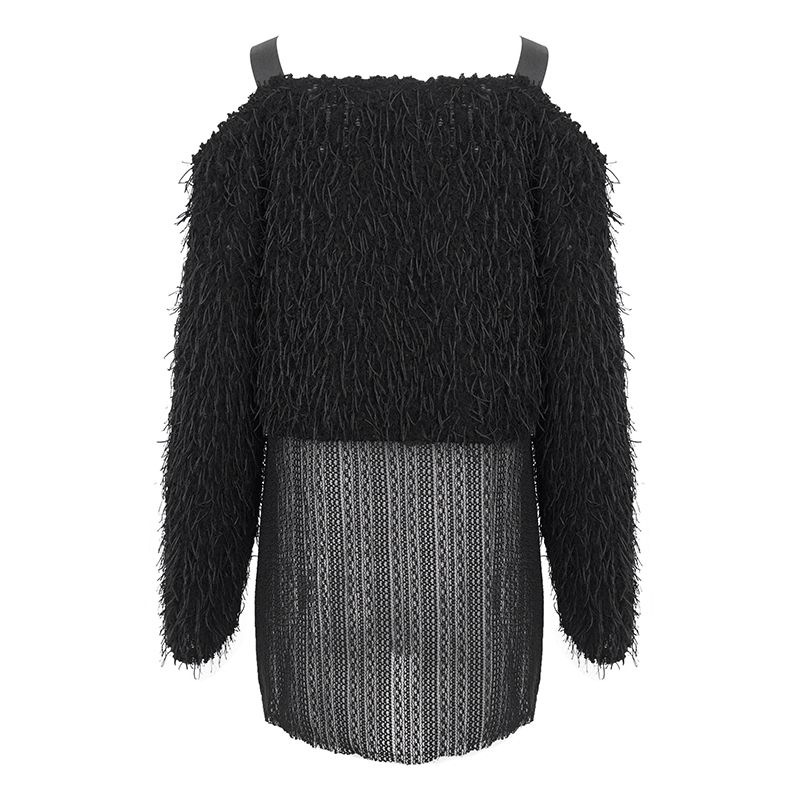 Black Fluffy Off Shoulder Irregular Sweater for Women / Punk Clothes - HARD'N'HEAVY