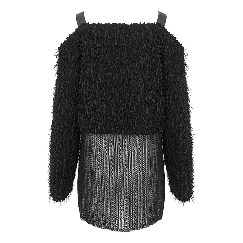 Back view of black fluffy off-shoulder irregular sweater for women, showcasing its punk style and unique texture.