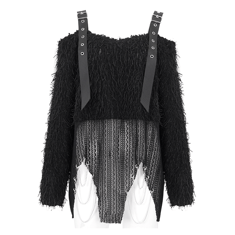 Black fluffy off-shoulder irregular sweater for women with chain detail, perfect for punk style and edgy fashion.