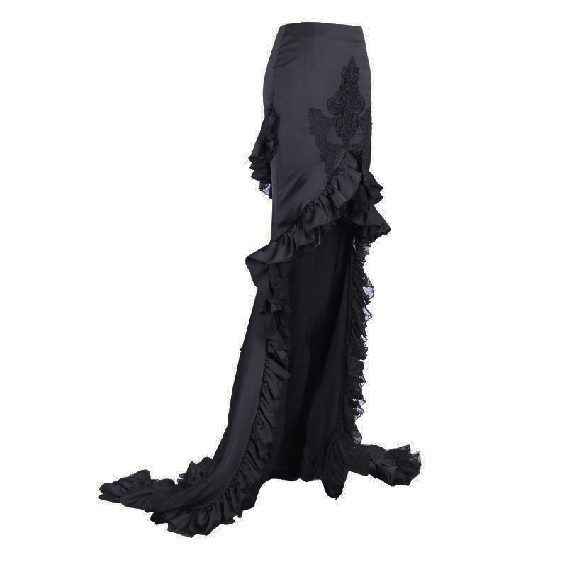 Black Frilled Skirt With Long Train / Gothic Elegant Fishtail Skirt with Lace Pattern - HARD'N'HEAVY