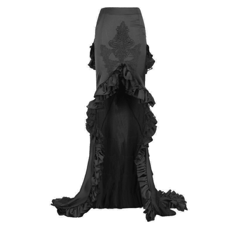 Elegant black frilled skirt with long train and lace pattern, perfect for gothic style outfits.