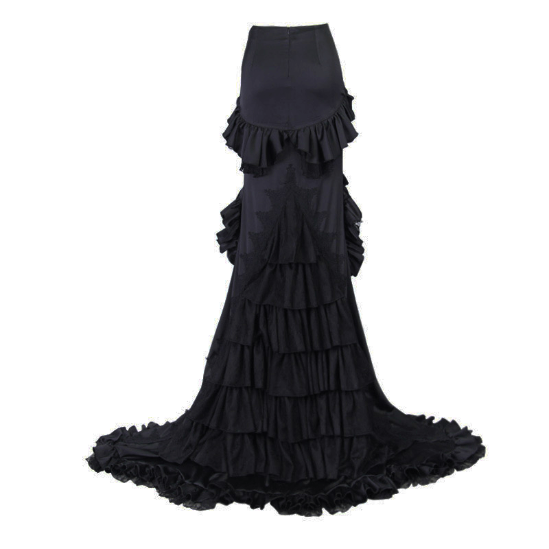 Black frilled gothic skirt with long train and lace pattern, perfect for elegant fashion lovers.