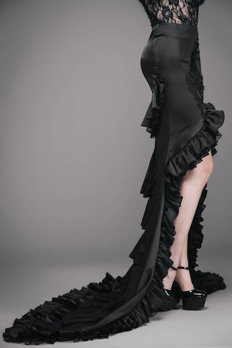 Elegant black frilled skirt with a long train showcasing a stylish gothic lace design, perfect for distinctive occasions.