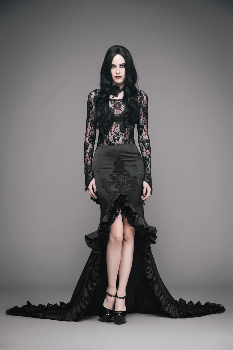 Elegant black frilled Gothic skirt with long train and lace, styled for a chic, modern look.
