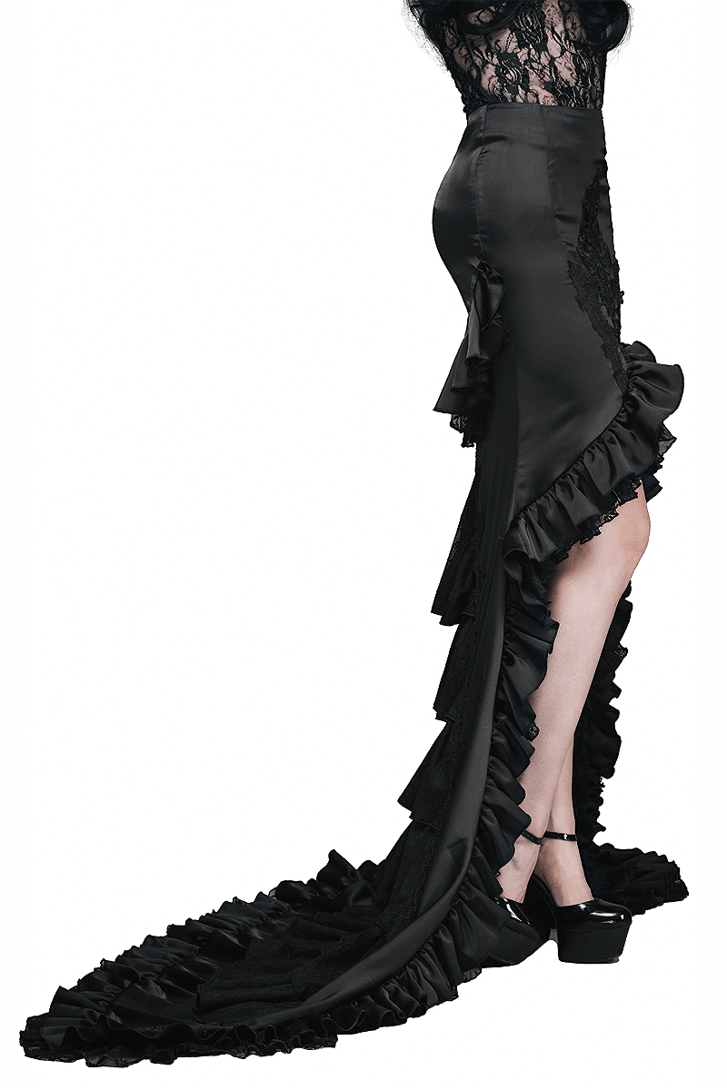 Black Frilled Skirt With Long Train / Gothic Elegant Fishtail Skirt with Lace Pattern - HARD'N'HEAVY