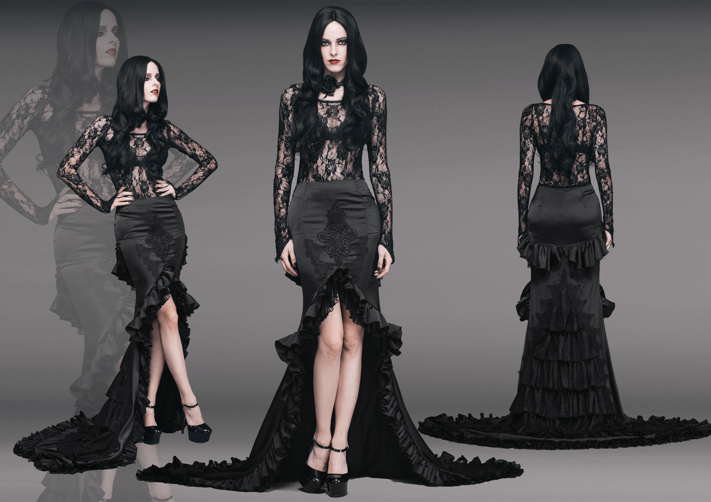 Woman in a black frilled gothic skirt with long train, showcasing elegant lace details and ruffles.