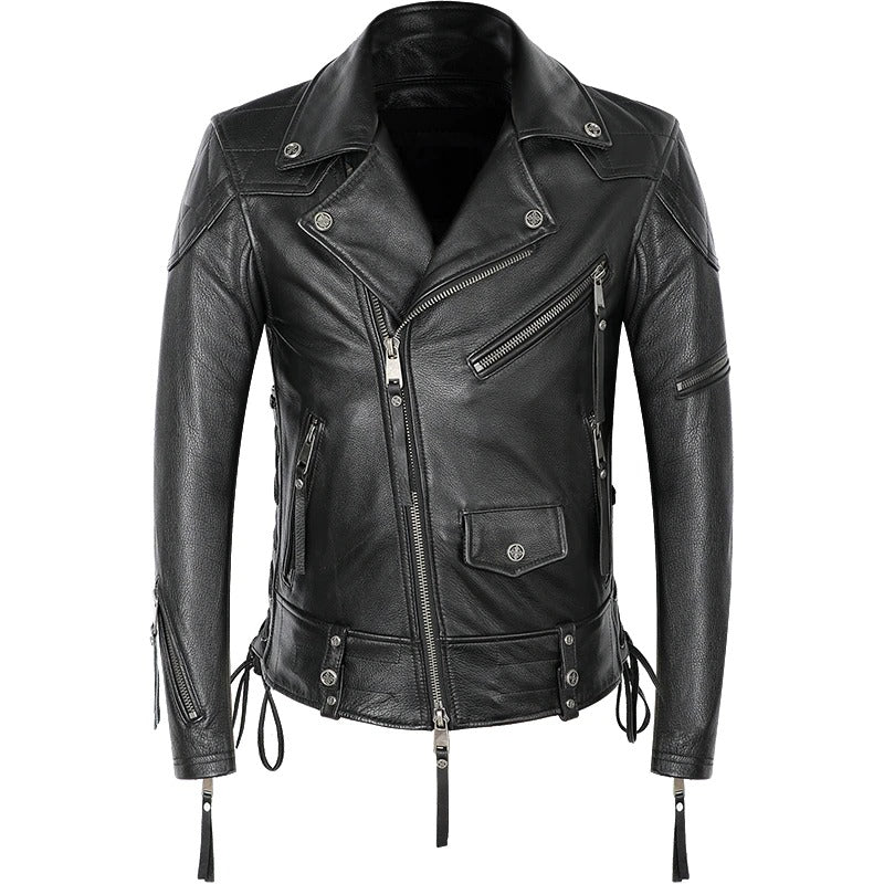 Black genuine leather biker jacket with zippers and stylish design for men, perfect for rock and biker enthusiasts.