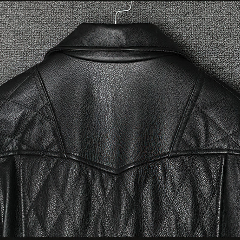 Back view of a stylish black genuine leather biker jacket with quilted detailing.