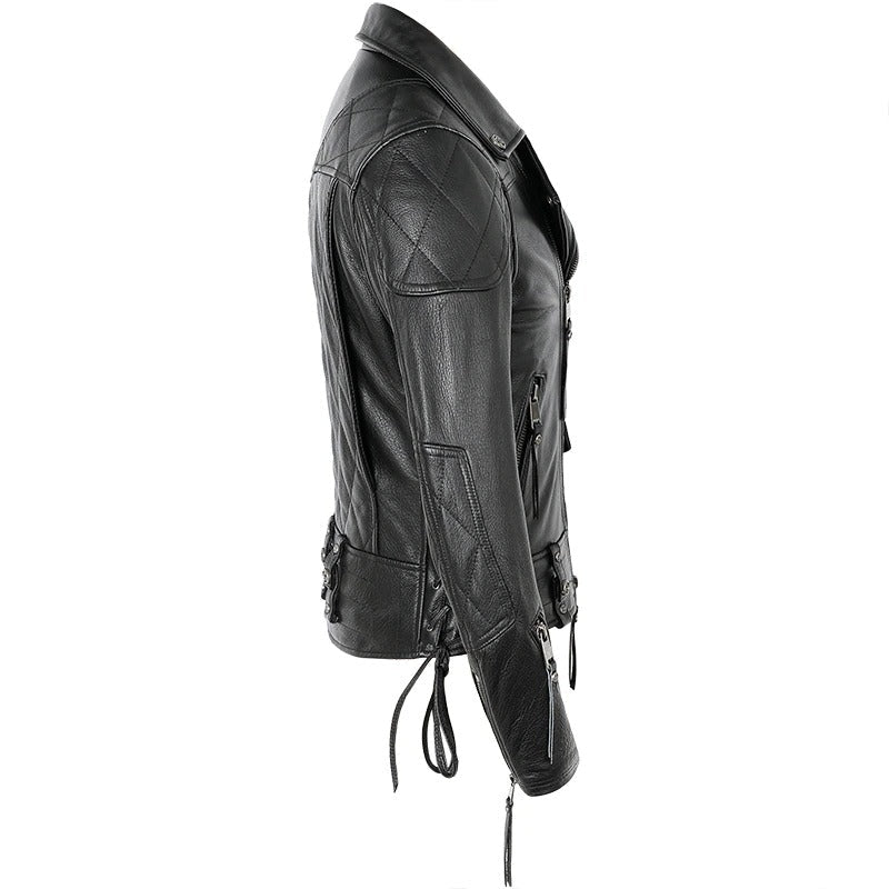 Black genuine leather biker jacket featuring a stylish side view with detailed stitching and multiple zippered pockets.