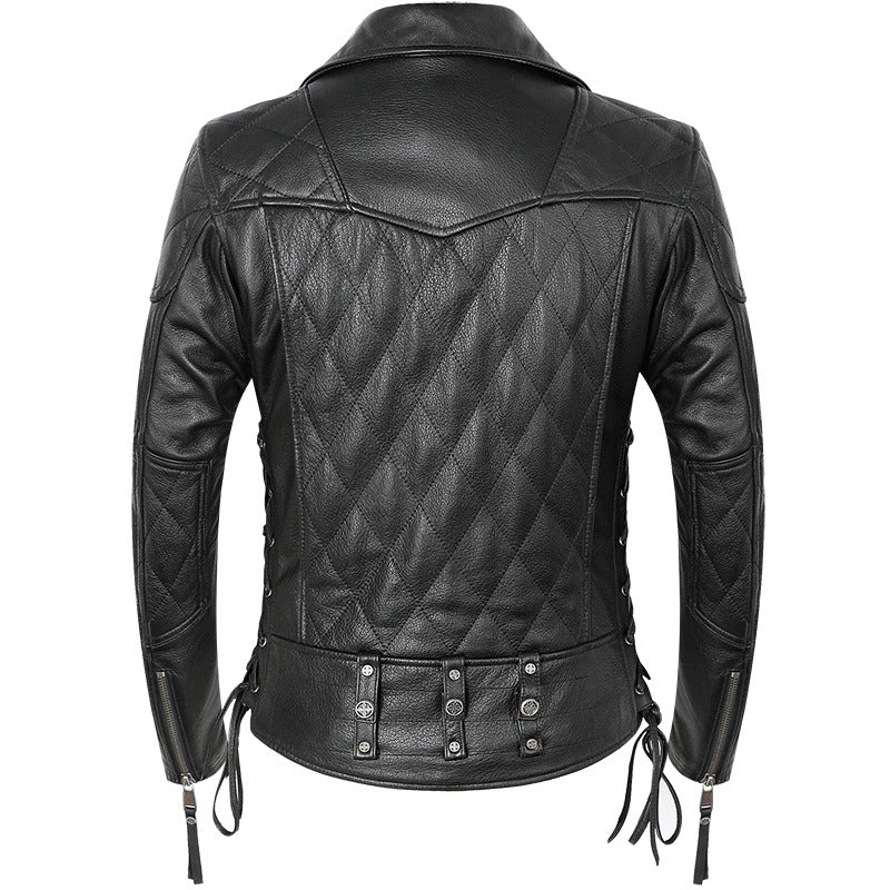 Back view of a stylish black genuine leather biker jacket with diamond stitching and adjustable side laces.