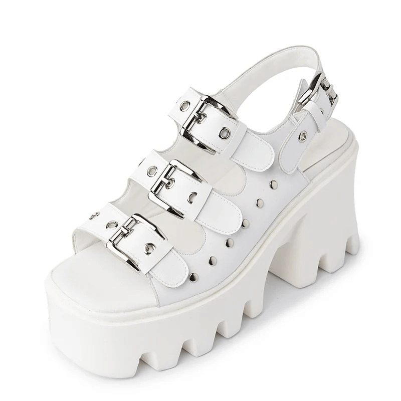 White platform sandals with buckles and rivets, perfect for stylish summer punk outfits.