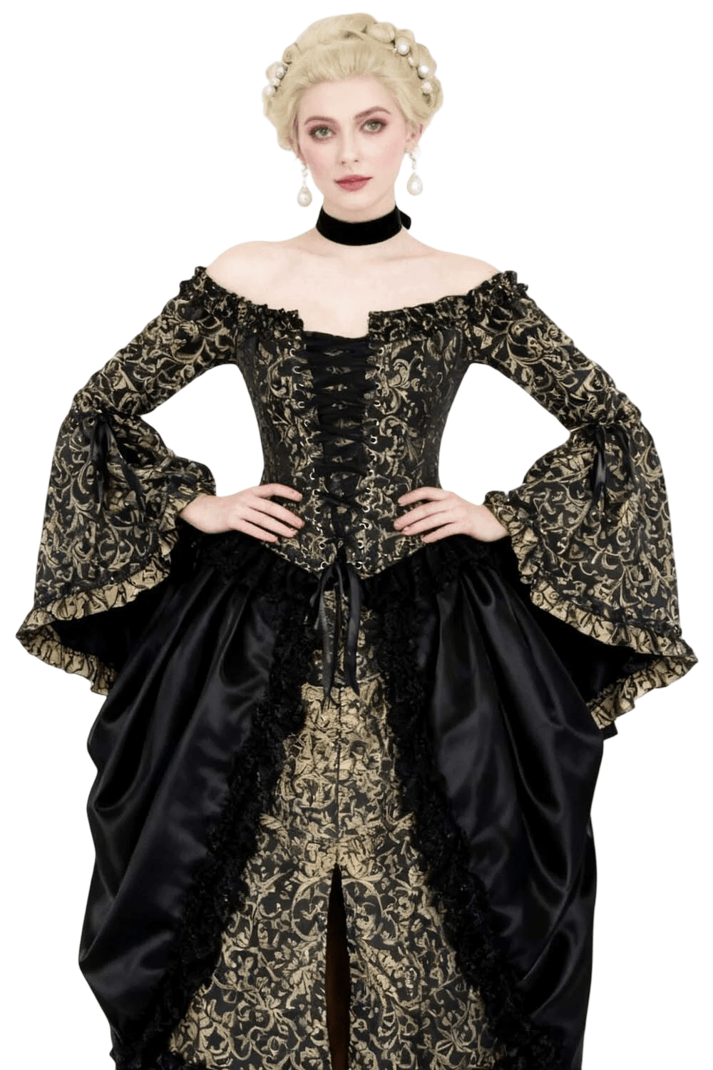 Black Gold Baroque Corset Top with Off Shoulder Bell Sleeves worn by a model, showcasing its elegant design.