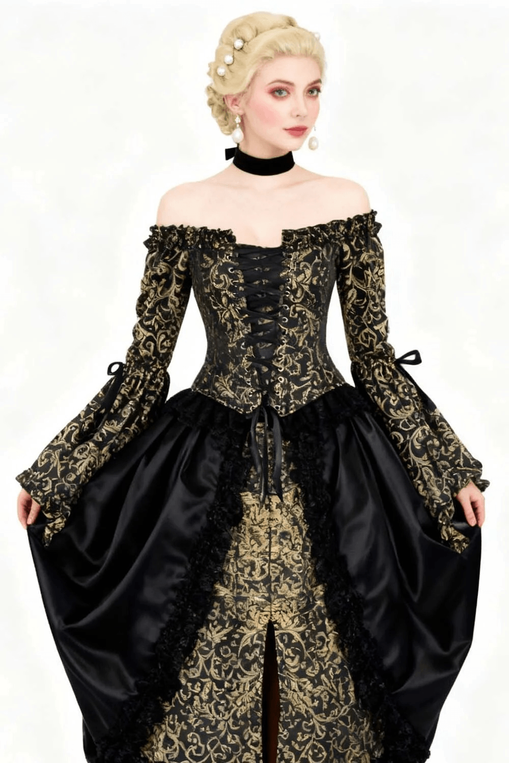 Black Gold Baroque Corset Top with Off Shoulder Bell Sleeves on a model, featuring elegant gold scroll patterns.