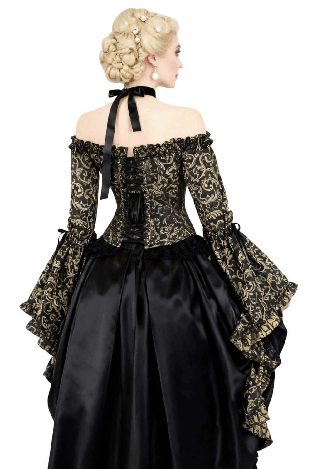 Black Gold Baroque Corset Top with Off Shoulder Bell Sleeves showcased from the back with intricate gold scroll design.