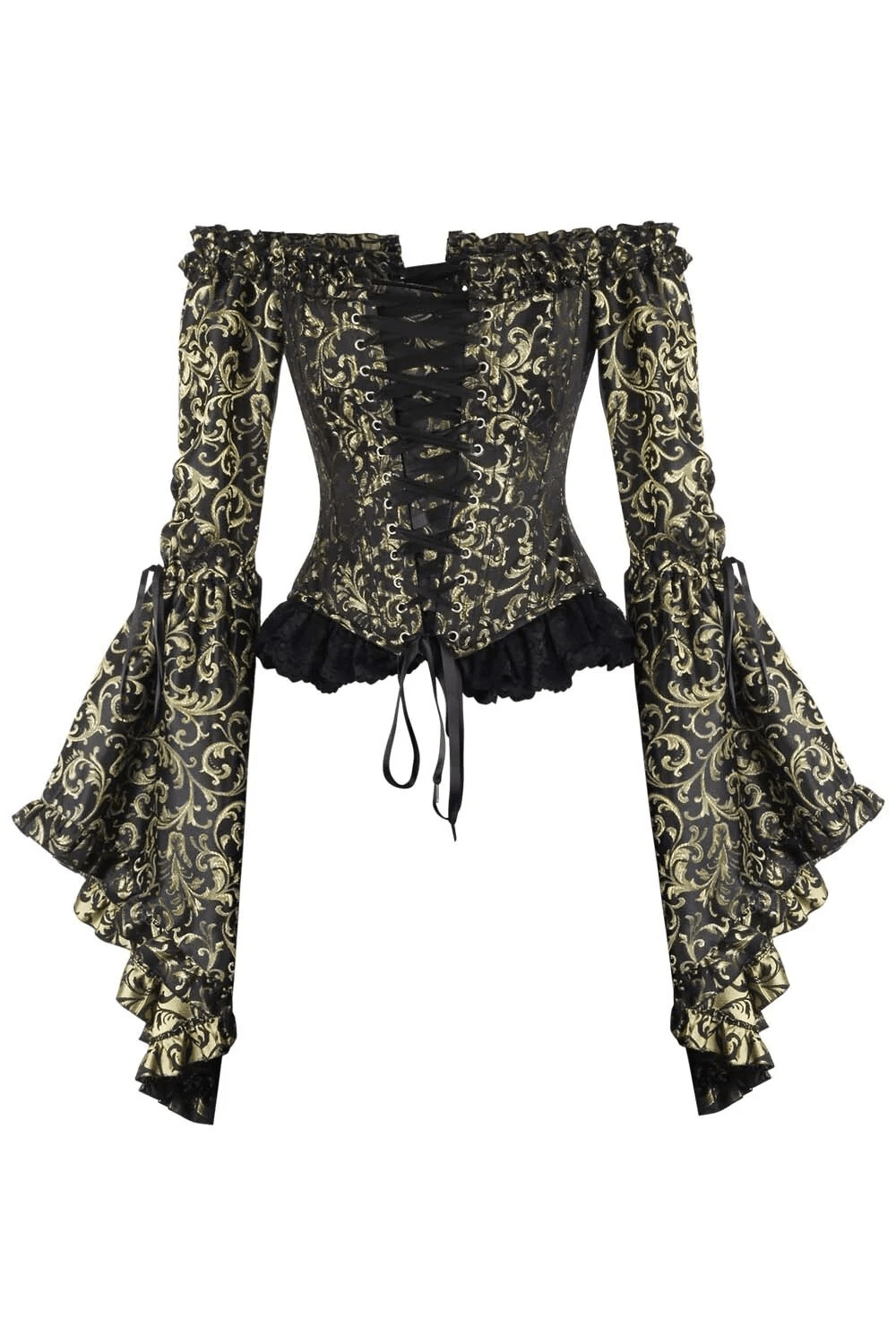 Black Gold Baroque Corset Top with Off Shoulder Bell Sleeves featuring elegant gold scroll design.