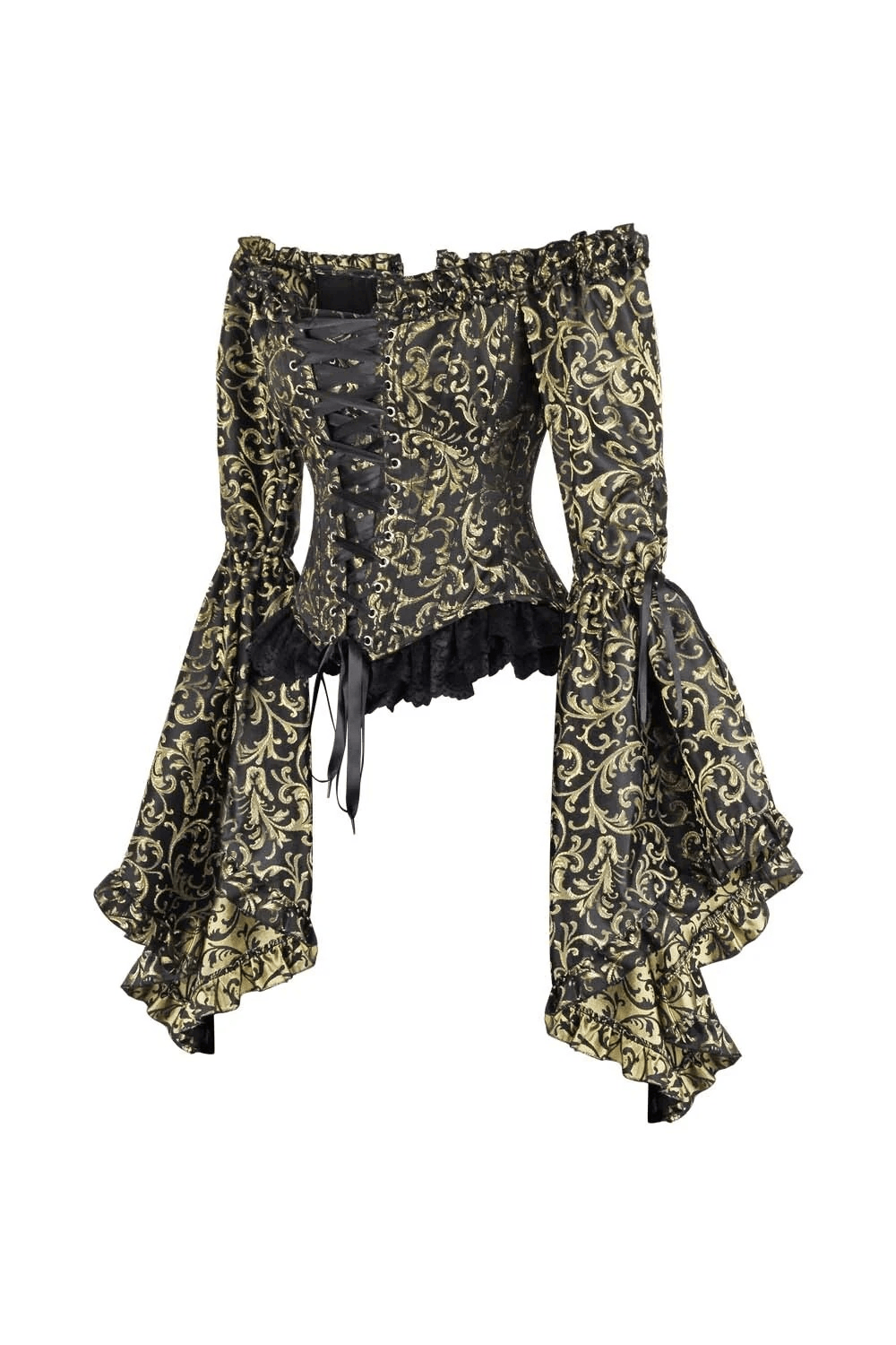Black Gold Baroque Corset Top with Off Shoulder Bell Sleeves featuring ornate gold scroll design and flared sleeves.