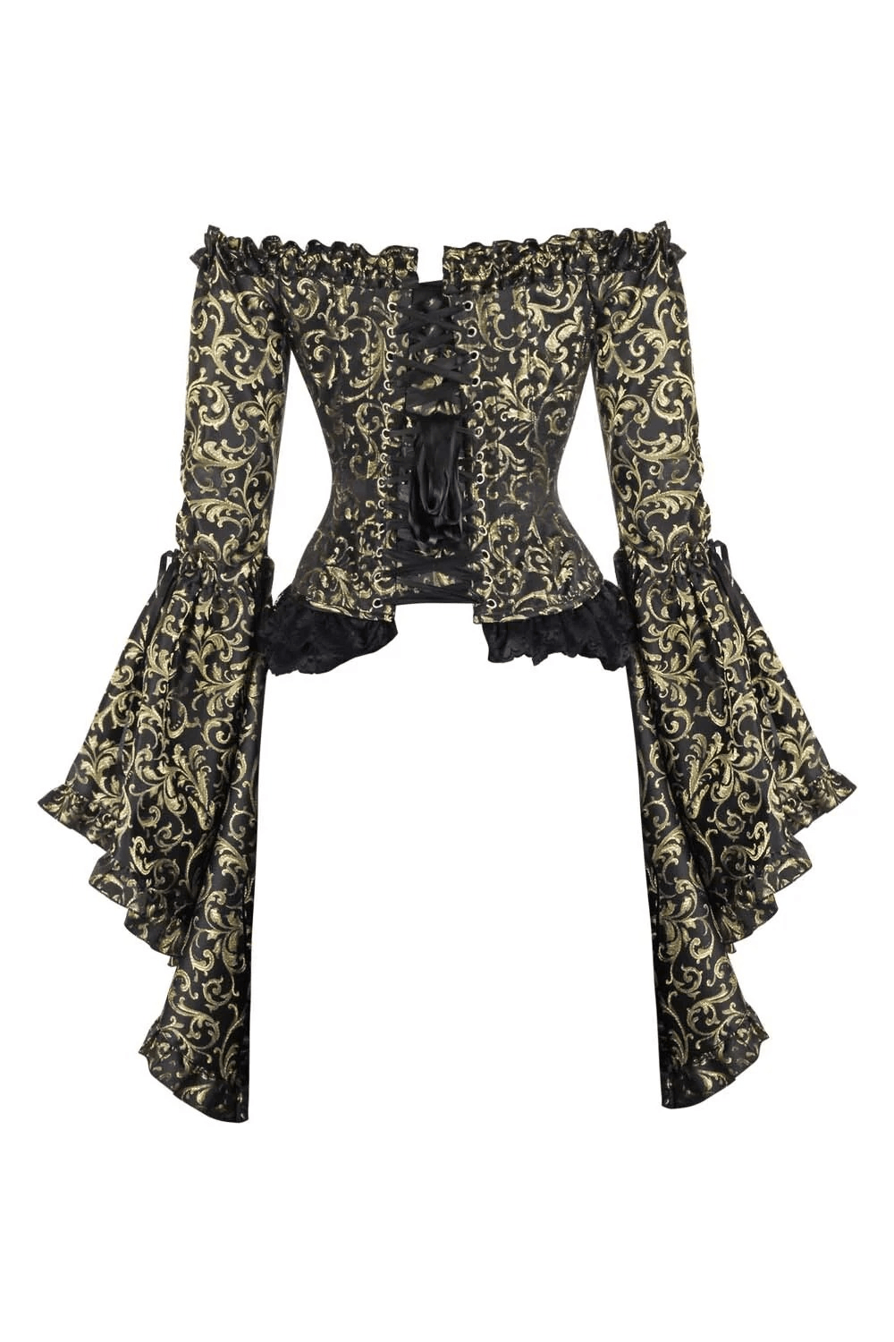 Black Gold Baroque Corset Top with Off Shoulder Bell Sleeves featuring a lavish design and flared sleeves.