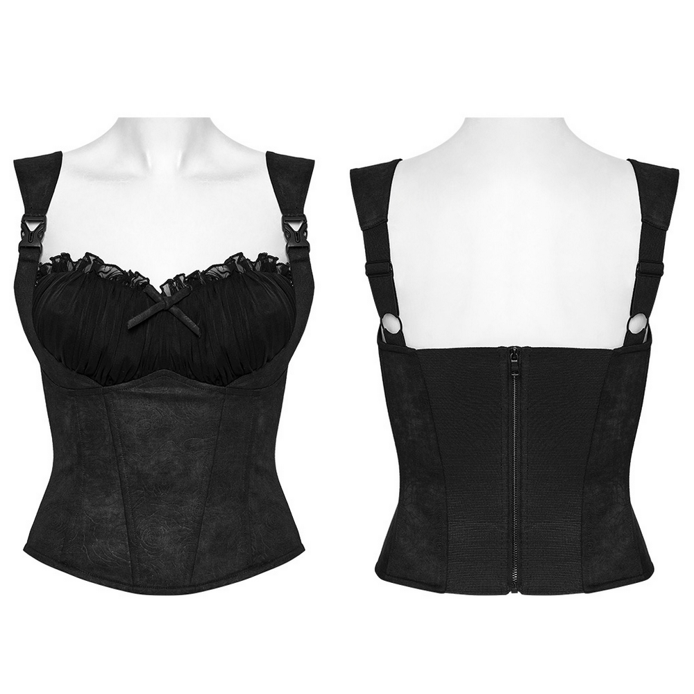 Black goth corset cami with adjustable straps and zipper, featuring a ruffled design for stylish allure.